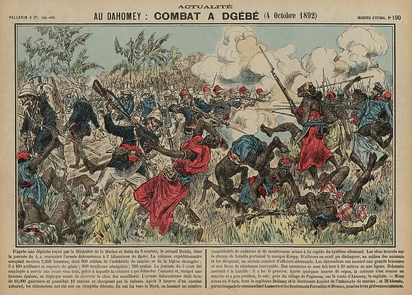 Battle of Dgebe, Dahomey, Second Franco-Dahomean War, 4 October 1892 (coloured engraving)