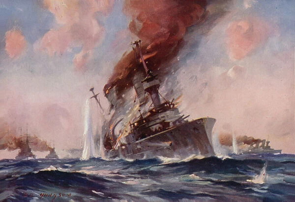 The Battle of the Falklands: the sinking of the Scharnhorst (colour litho)
