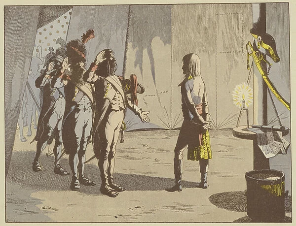After the Battle of Lodi, the old soldiers offered their young commander has the rank of corporal, origin of the nickname The Little Corporal, that remained with Napoleon, 10 May 1796 (colour litho)