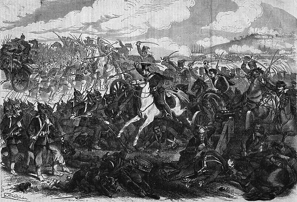Battle of Presburg during the Austro-Prussian War in 1866, Prussia prevailed, signing the Nikolsburg armistice on 22 July 1866. Engraving from a drawing by Doepler. In 'L univers illustre, le 11  /  08  /  1866