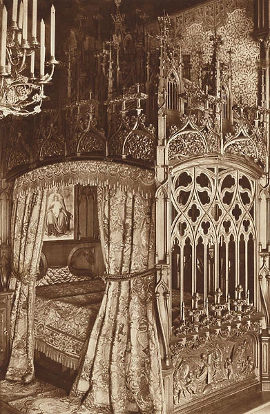Bavarian King s-Castle Neuschwanstein, Gothic Bed of the Bed-Room (b  /  w photo)