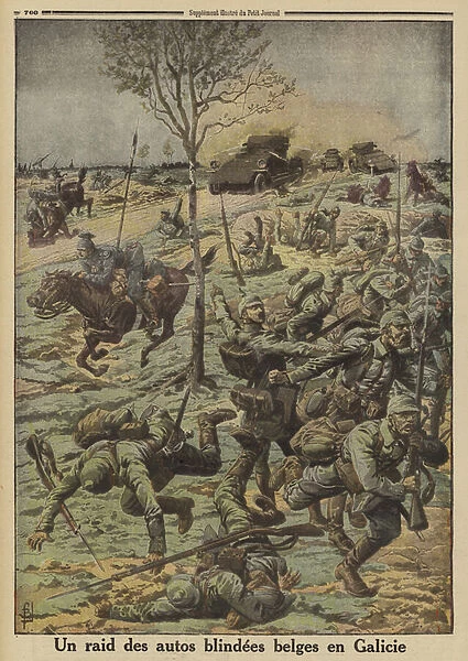 Belgian armoured cars in the service of General Brusilovs Russian army attacking German troops in Galicia, World War I, 1916 (colour litho)