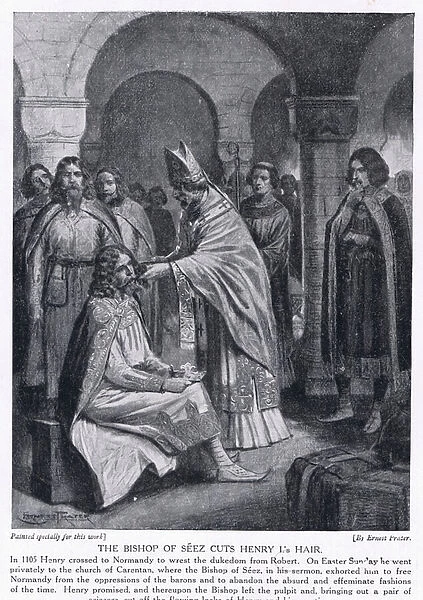 The bishop of Seez cuts Henry Is hair, 1920s (litho)