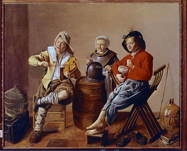 Two boys and a girl making music (painting, 1629)