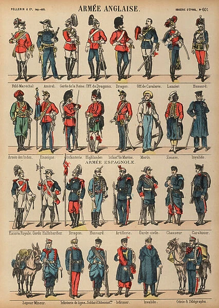 British and Spanish military uniforms (coloured engraving)