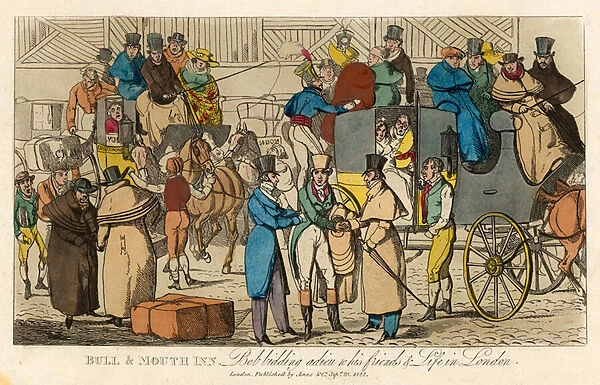 Bull and Mouth Inn: Bob bidding adieu to his friends and life in London (coloured engraving)