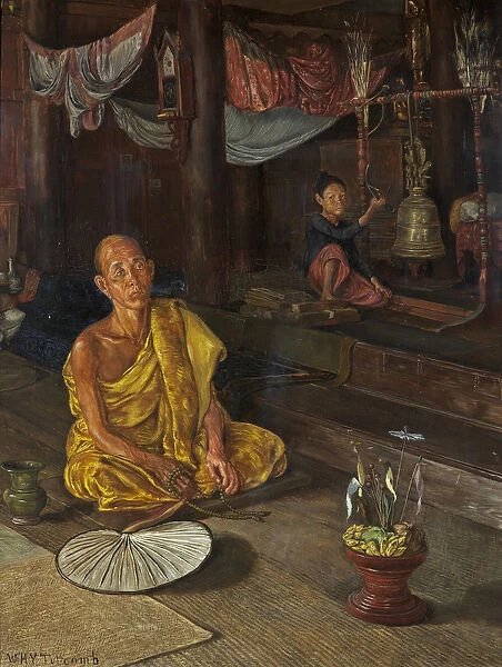 A Burmese Priest - The Call to Prayer (oil on canvas)