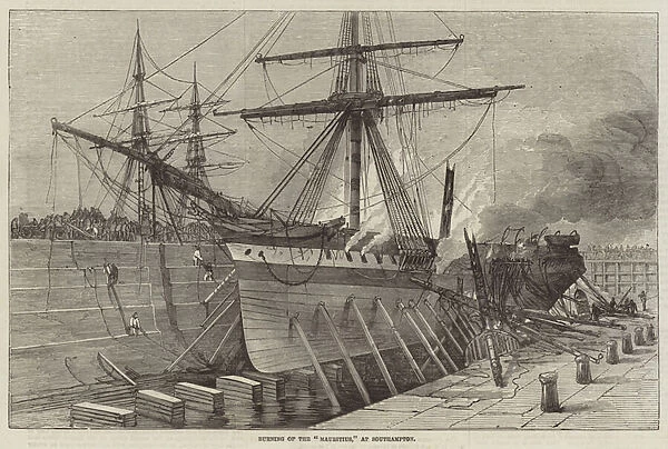 Burning of the 'Mauritius, 'at Southampton (engraving)