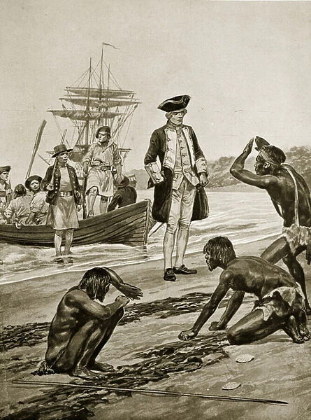Captain Cook landing in Tasmania, 1777, illustration from Hutchinson