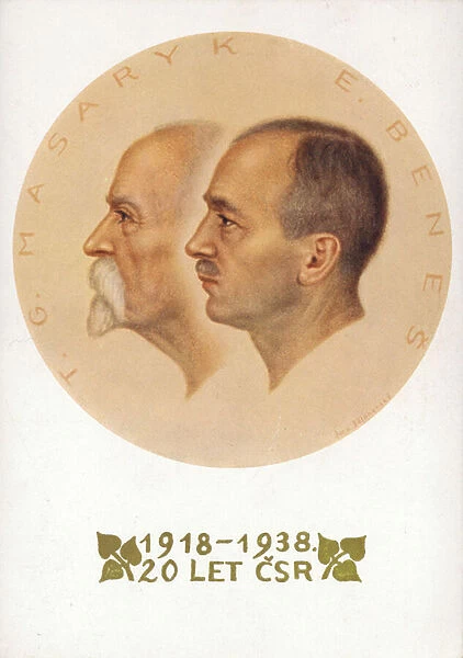 Card celebrating 20 years of Czechoslovakian independence under Tomas Masaryk and Edvard Benes, 1918-1938 (colour litho)