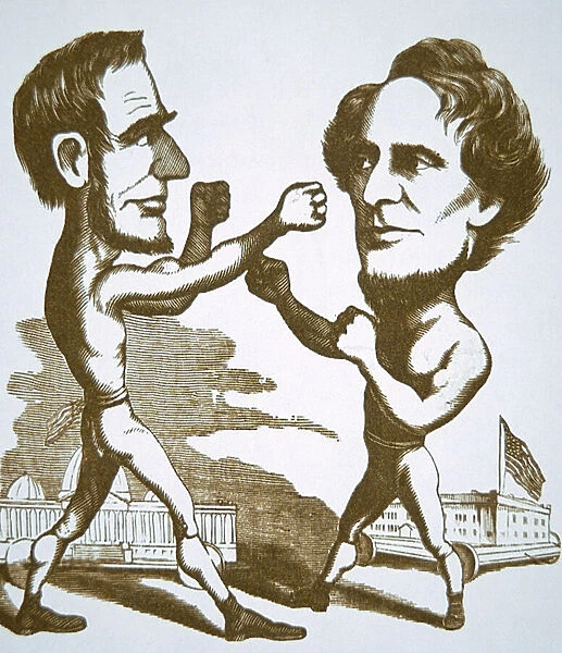 Cartoon depicting Abraham Lincoln squaring up to Jefferson Davis (engraving)