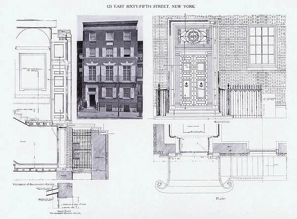 Charles A Platt: 125 East Sixty-Fifth Street, New York, Vestibule and Basement Entry, Half Plan, Basement Entry Door; Elevation, Plan (b  /  w photo)
