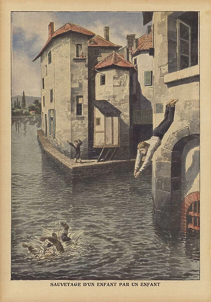 A child saving another from drowning in the Givors Canal, France (colour litho)