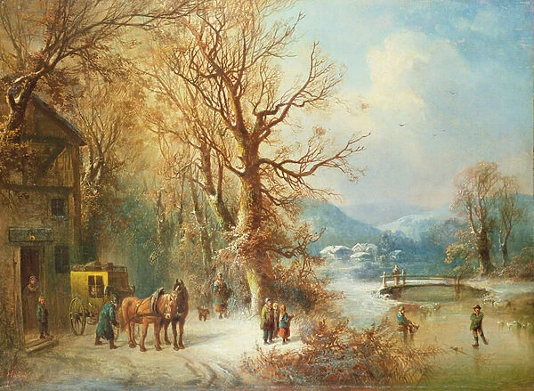 Coach and Horses in a Snowy Landscape (oil on canvas)