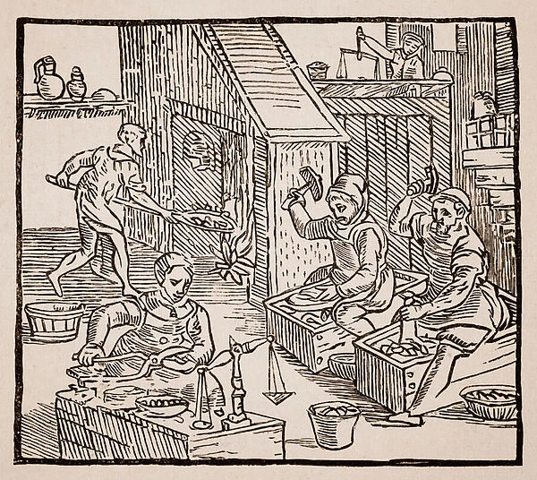 Coiners at Work, 1577 (woodcut) (sepia photo)