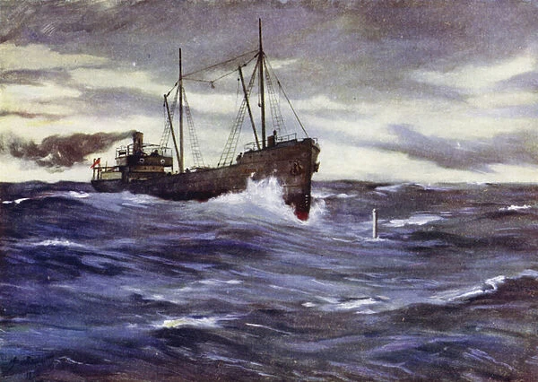 The collier Thordis about to ram a German submarine, 18 February 1915 (colour litho)