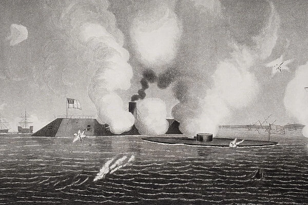 Combat between the Confederate CSS Virginia (left) and the Union USS Monitor (right)