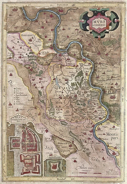The course of the Rhine river in Westphalia, Germany (engraving, 1596)