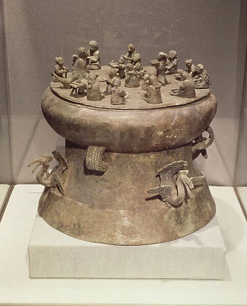 Cowrie container decorated with peacocks and human figures, from Tomb 1, Shih-chai-shan