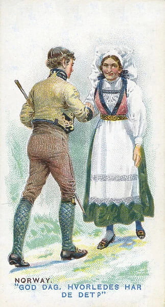 Customary Greeting in Norway, 1907 (colour litho)