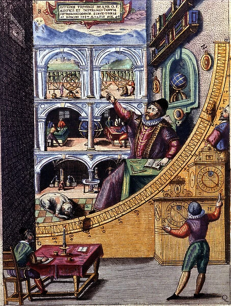 Danish astronomer Tycho Brahe (1546 - 1601) in his observatory in Uranienburg - colour