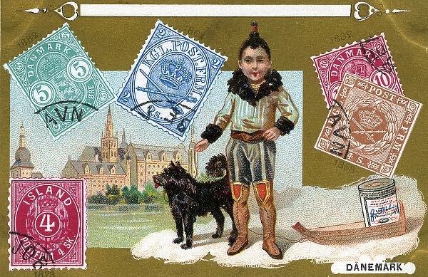 Danish and Icelandic Postage Stamps with an Inuit child and his dog, 1897 (colour litho)