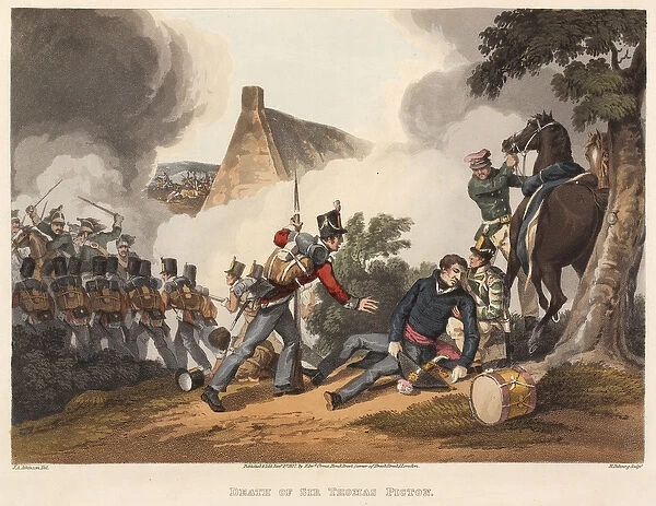 Death of Sir Thomas Picton, engraved by M. Dubourg, 1819 (coloured aquatint)