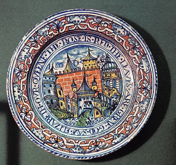 Delft plate with views of the Tower of London, from above, c. 1600 (ceramic)