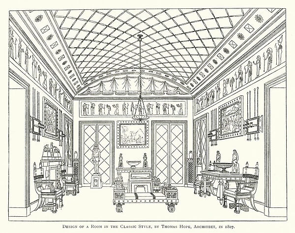 Design of a Room in the Classic Style, by Thomas Hope, Architect, in 1807 (coloured engraving)