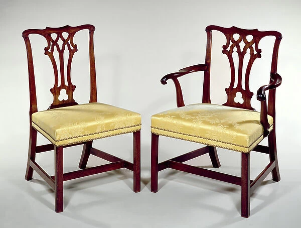 Dining chairs, with interlaced splat backs and square chamfered legs, c. 1760 (mahogany)