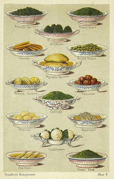 Dishes of vegetables (colour litho)