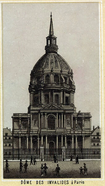 Dome des Invalides in Paris. Chromolithography of the end of the 19th century