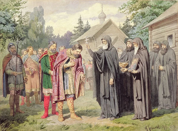 Duke Dimitry and St. Sergy at Redonezh before Battle with Tartars, 1880 (w  /  c on paper)