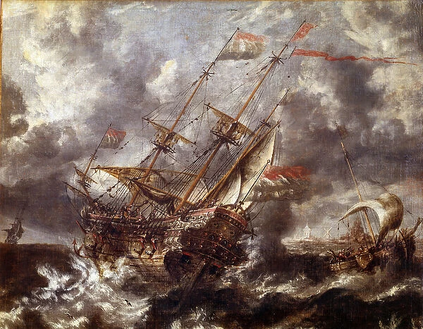 Dutch boat without the storm. Painting of the Flemish school, 17th century