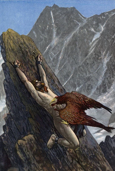 Eagle devouring the liver of Prometheus, chained to a rock by Zeus in punishment for stealing fire from the gods and giving it to humanity (colour litho)