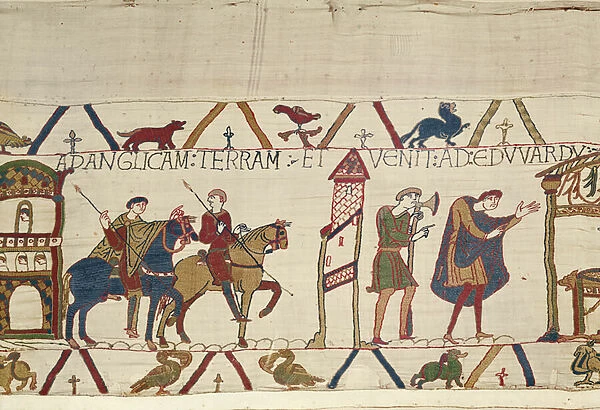 Earl Harold rides from Bosham to London, Bayeux Tapestry (wool embroidery on linen)