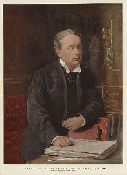 The Earl of Rosebery speaking in the House of Lords (colour litho)