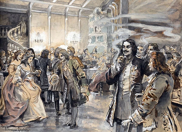 Easter Celebrations at the Court of Peter the Great (Pierre le grand) - Peinture de Elena Petrovna Samokish Sudkovskaya (Samokish-Sudkovskaya)(1863-1924) - Watercolour, Gouache on cardboard, 25, 38x35 - Private Collection