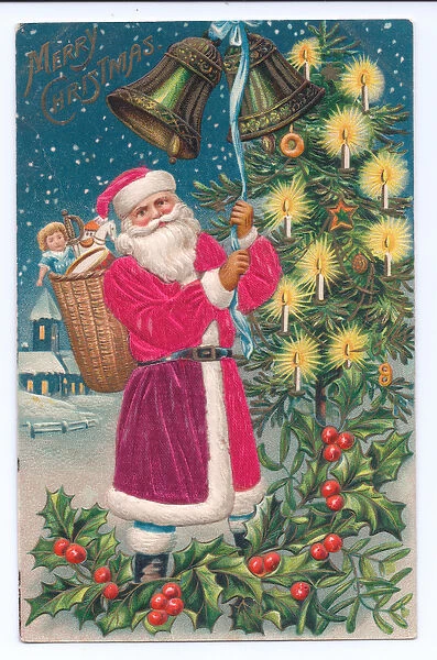 Edwardian postcard of Father Christmas with a basket of toys on his back ringing a bell