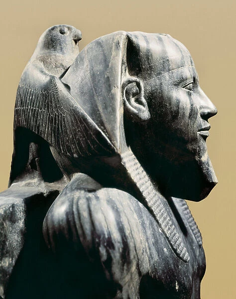 Egyptian civilization, Old Kingdom, Dynasty IV. Diorite statue of pharaoh Khafre