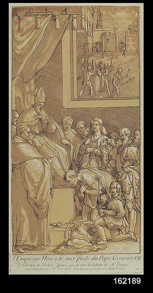Emperor Henri IV (1050-1106) at the feet of Pope Gregory VII (1020-85) engraved by