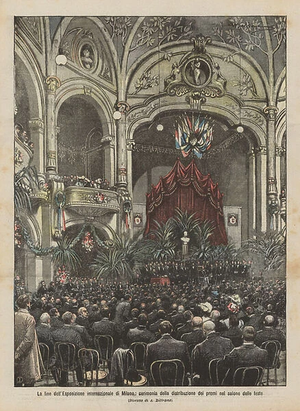 The end of the Milan International Exhibition, ceremony for the distribution of prizes in the party hall (colour litho)