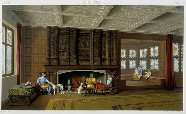 English lord and his family in his 17th century home. Chromolithographic plate - in '