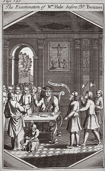 The Examination of Wm Hale before Bishop Bonner, illustration from Foxes Martyrs