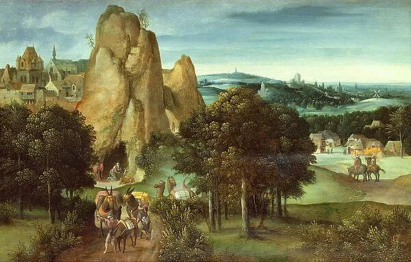 An extensive rocky landscape with a camel train and St. Jerome in penitence beyond