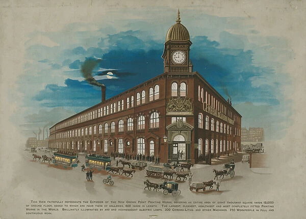 Exterior of the New Crown Point Printing Works (chromolitho)