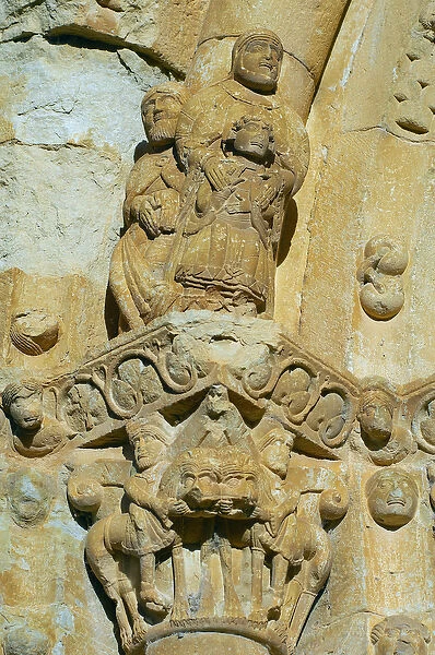Facade of the Church of Saint Maria de Covet, Isona, Spain, detail of a capital
