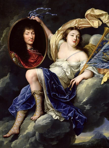 Fame Presenting a Portrait of Louis XIV (1638-1715) to France (oil on canvas)