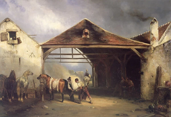 A Farrier shoeing a Horse (oil on canvas)