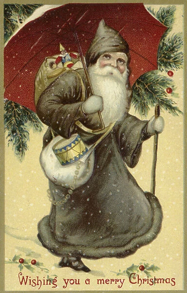 Father Christmas in a fur coat, carrying presents (chromolitho)